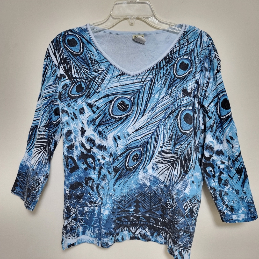 Vintage Y2K Jess & Jane Blue Beaded Peacock floral blouse Size L